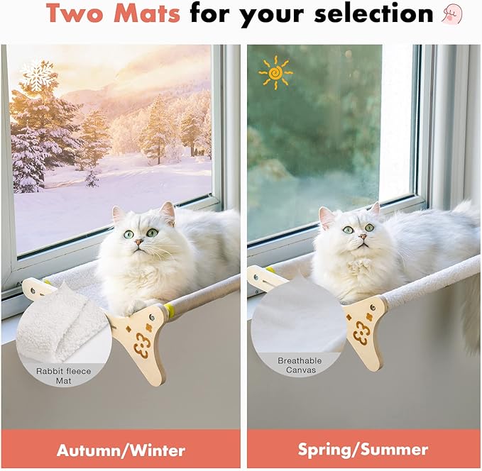 Cat Window Perch Cat Window Hammock for Indoor Cats Steady Sturdy Adjustable Cat Bed Providing All-Around Sunbath Space Saving Washable (Beige, Medium)