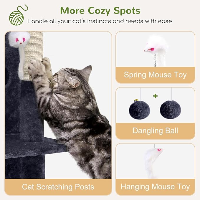 FC50 Cat Tree Tower for Indoor Cats, 50-inch Adult Cat Tree House for Large Adult Cats with Steps, Scratching Post, 2 Cat Caves, Dangling Toys, Dark Grey