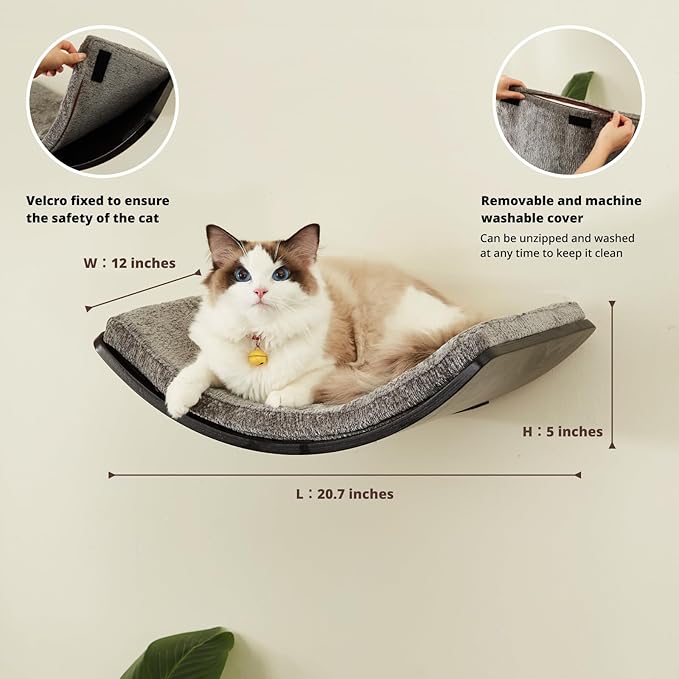 Cat Shelf with Comfortable Cat Cushion - Curved Modern Cat Bed (Large Size) - Lotus Leaf Design Cat Wall Perch - Wall Mounted Cat Furniture for Sleeping, Playing, Climbing, and Lounging, Walnut