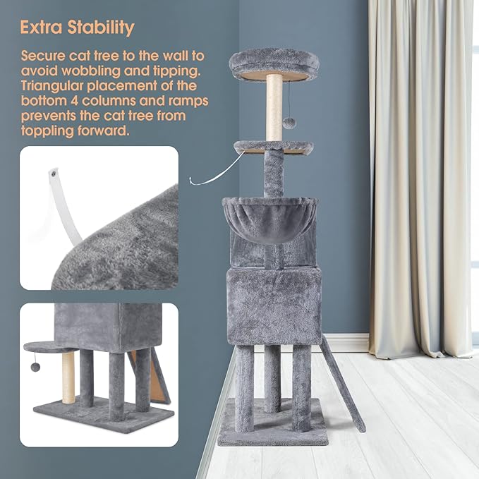 59" Large Cat Tree Tower for Indoor Cats Soft Plush Multi-Level Cat Condo House with Hammock, 2 Cat Cave, Scratching Post, Sisal Staircase, Grey