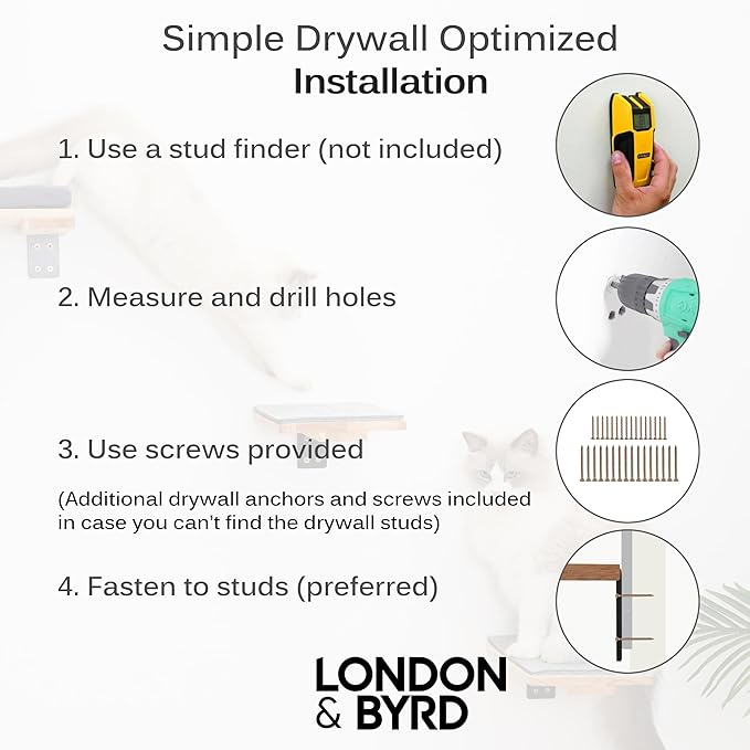 LONDON & BYRD | Wooden Cat Wall Shelves | for 16" Drywall Studs | One Large cat Shelf with Washable Bed, and Two Smaller cat perches. Solid Wood with Metal Wall Brackets.
