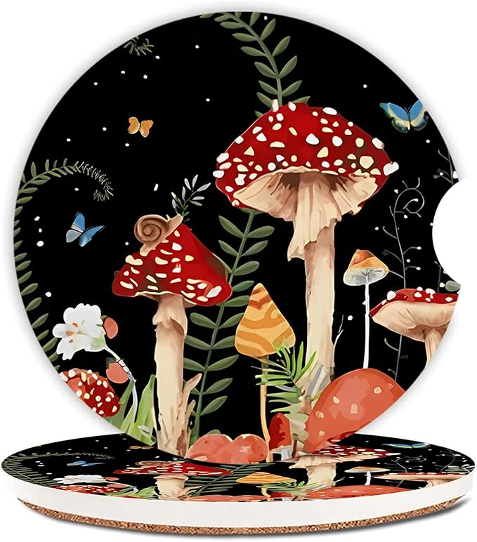 2 Pack Cute Mushroom Pattern Absorbent Car Coasters for Cup Holders,2.56" Ceramic Coasters with Cork Back and Finger Slot,Auto Accessories for Women & Men.