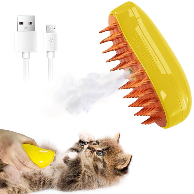 3 In 1 Steam Pet Brush - Self-Cleaning Steamer for Cat Massage, Removing Tangles, Loose Hair, and Spray Grooming (Yellow)