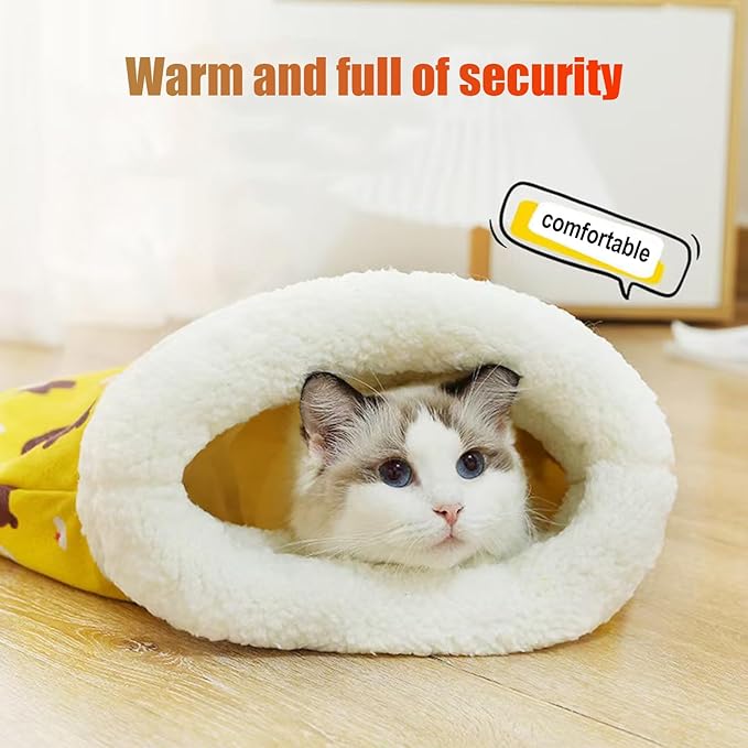 1PC Cat Sleeping Bag,Cat Sleeping Bag for Indoor Cats,Warm and Cozy Cat Sleeping Bag,Cat Winter Sleeping Bags, 360° Wrap Self Warm Cat Cave Bed Suitable for Pets Under 7.5 kg/16LB(Yellow)