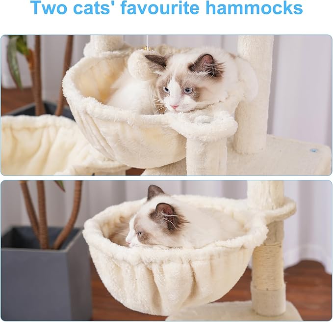 Hey-brother Cat Tree, Cat Tower for Indoor Cats, Cat House with Large Padded Bed, Cozy Condo, Hammocks, Sisal Scratching Posts, Big Scratcher, Beige MPJ006SM