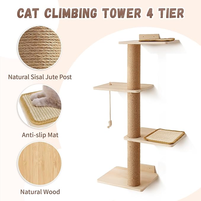 Cat Scratching Activity Tree Cat Climbing Tall, Wall Mounted Cat Climbing Tower 4 Tier, Natural Sisal Rope Cat Scratching Post