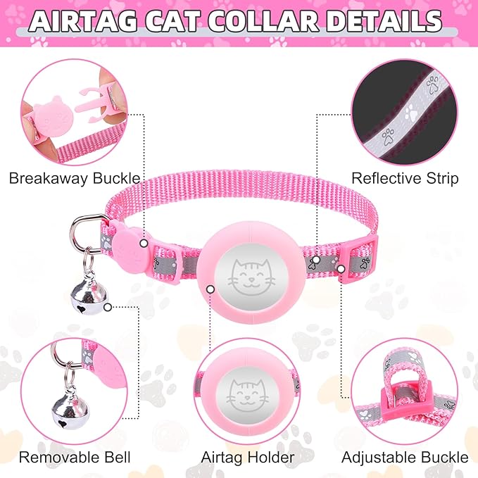 KOOLTAIL Cat Harness and Leash Set Escape Proof with Cat Airtag Holder Collars (3 in 1), Comfortable Lightweight Adjustable Kitten Harness for Small Medium Large Cats Safe Walking & Travel, Pink