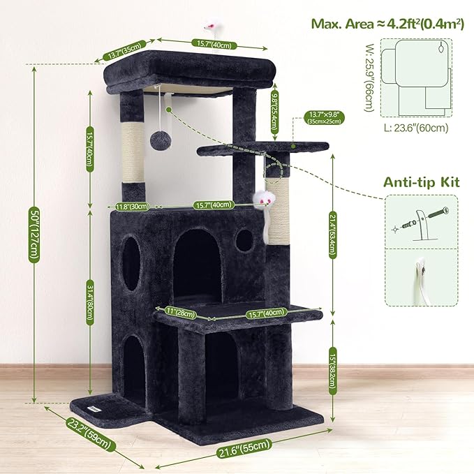 FC50 Cat Tree Tower for Indoor Cats, 50-inch Adult Cat Tree House for Large Adult Cats with Steps, Scratching Post, 2 Cat Caves, Dangling Toys, Dark Grey