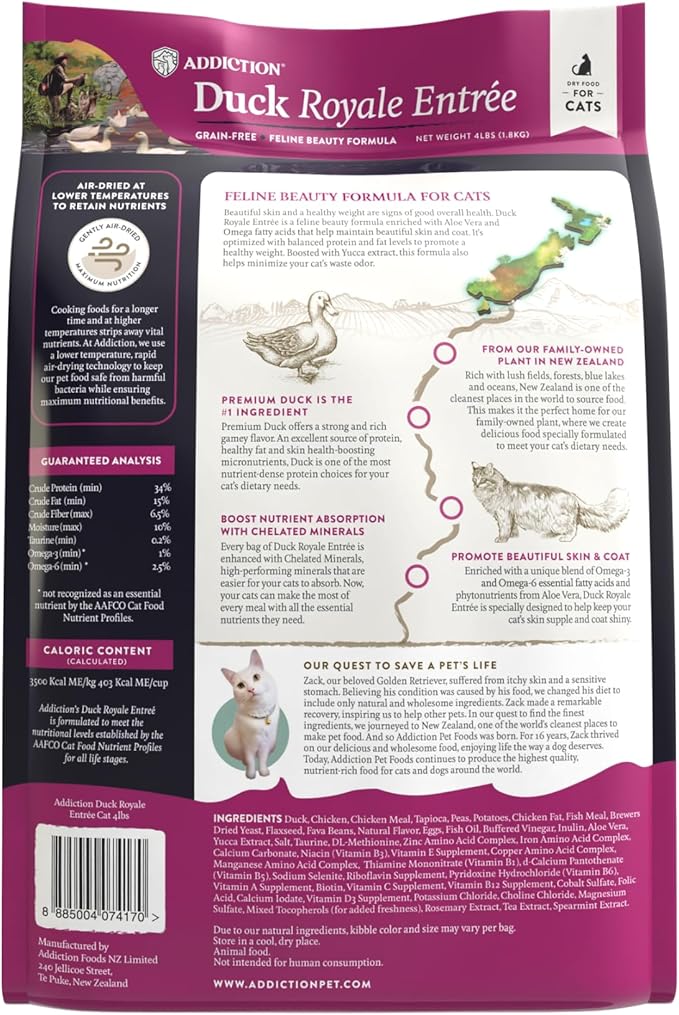 Addiction Duck Royale – Cage-Free New Zealand Duck Recipe – Feline Beauty Blend - Complete & Balanced - Gentle on Digestion - Grain-Free Dry Cat Food for All Life Stages – 4lbs