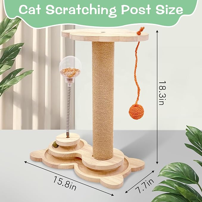Fhiny Cat Scratching Posts, Interactive Cat Toys for Indoor Cats Sisal Rope Kitten Scratcher with Cat Treat Dispenser 2-Layer Wooden Cat Turntable & Interactive Balls Dangling Ball for Cats Kittens