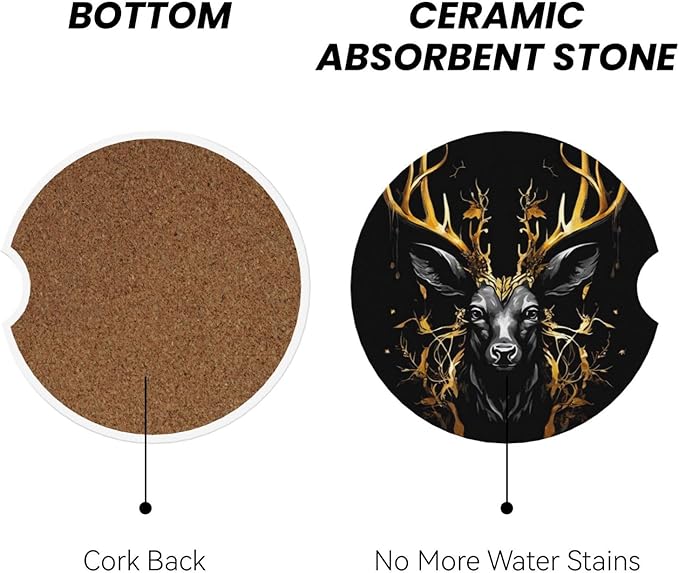 Absorbent Ceramic Car Coasters for Cup Holders, Black Gold Deer Design 2.56" Anti Slip Universal Drink Cup Coasters for Women Men (2 Pack)