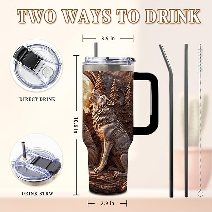 40 Oz Wolf Tumbler with Handle and Straw, Cool Stainless Steel Insulated Tumblers for Women Men, Birthday Gifts for Wolf Lovers Brother Dad