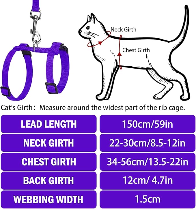 PUPTECK Adjustable Cat Harness and Leash Set Escape Proof Kitten Strap Collar for Walking Travel, Purple, M