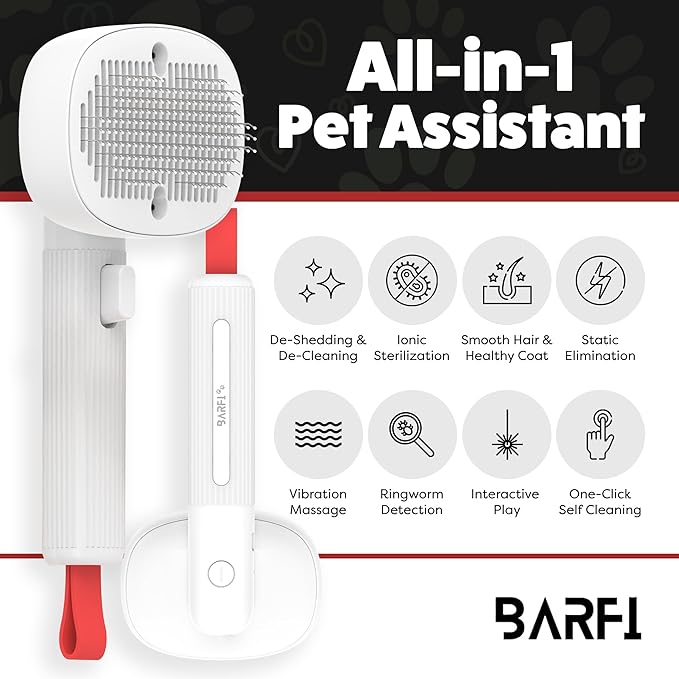 BARFI Pet Brush - Self-Cleaning Pet, Cat, Dog Shedding Brush - Multi-Functional Grooming Tool with Negative Ion Technology, Vibrating Massager, Wood's Lamp (White) - Free Pet Bowl