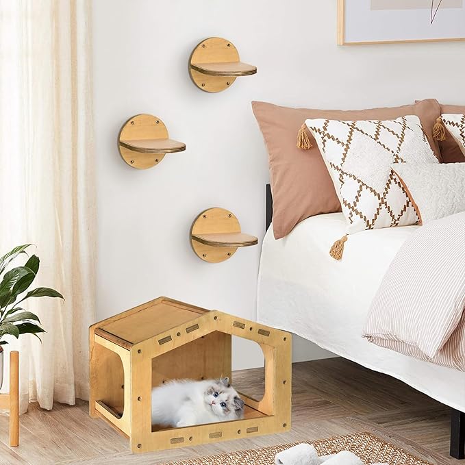Cat Wall Shelves, Cat Shelves and Perches for Wall, Cat House Fit Cat Up to 25Lbs, 1 Cat Condo House and 3 Large Cat Steps with Scratching Pad, Cat Climbing Shelf for Indoor, Cat Wall Furniture