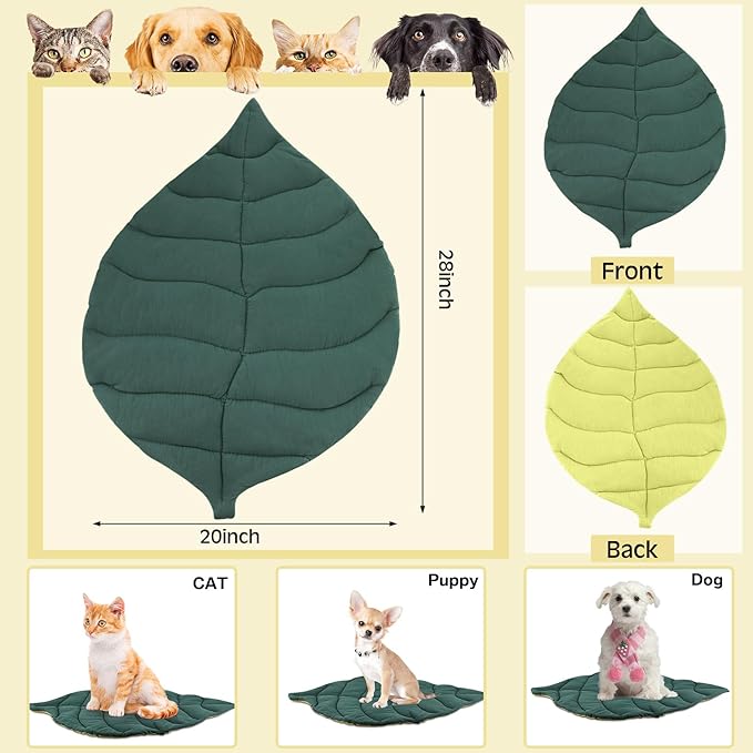 28 x 20 Inch Pet Mattress Leaf Shape Cat and Dog Cotton Bed Pad Cat Double Sided Floor Cover Mat Warming Dog Blanket Pad for Warm Indoor Puppy Accessories(Dark Green, Green)