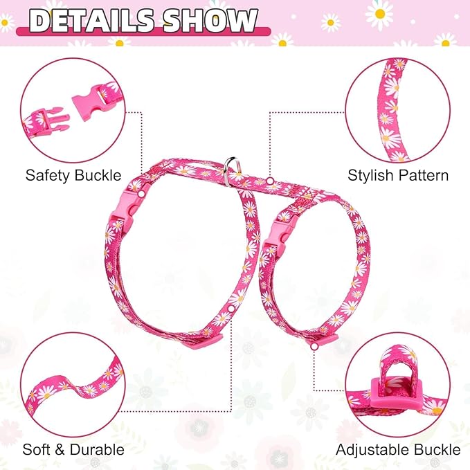 KOOLTAIL Cat Harness and Leash Set Escape Proof with Airtag Holder Collars (3 in 1), Comfortable Lightweight Adjustable Kitten Harness for Small Medium Large Cats Safe Walking & Travel,Pink Daisy