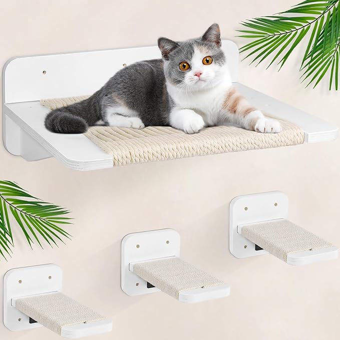Cat Hammock Cat Wall Shelves with 3 Cat Wall Steps, Wall Mounted Cat Shelves and Perches with Hemp Rope Scratching, Cat Wall Furniture Climbing Shelves for Indoor Cats, Cat Bed and Stairs Set for Gift