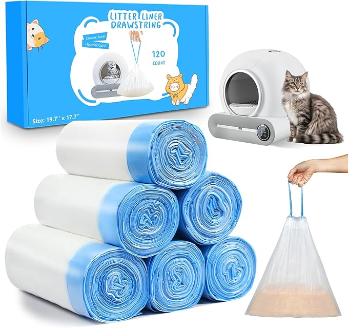 120 Count Cat Litter Box Liners Bags, Extra-Thick Cat Waste Bags for Self-Cleaning Cat Litter Box, Drawstring Cat Litter Liner Box Self Cleaning Trash Bags -17.7" x 19.68"