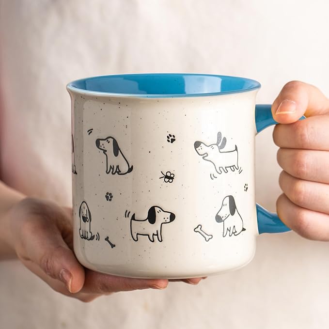 AmorArc 22 OZ Large Ceramic Coffee Mugs Set of 2, Oversized Mugs With Big Handle for Men Women Dad Mom, Big Mug With Textured Dogs Cats Patterns for Office & Home -Microwave Safe, 2 Pcs-Blue