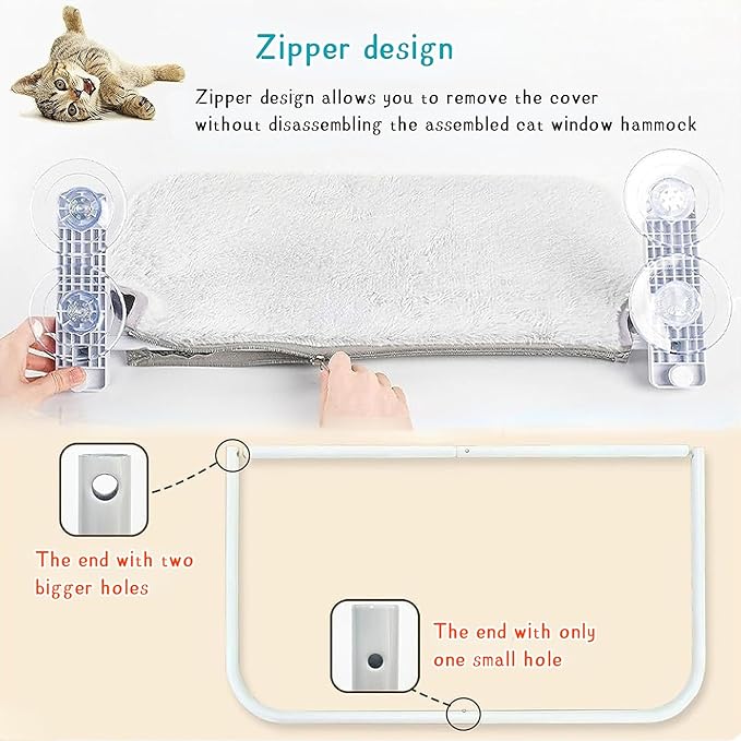 Cat Window Perch, Cordless Foldable Cat Hammock Bed with Metal Frame and Reversible Cover, Indoor Window Cat Bed Hold Up to 55lbs for Medium to Large Cats, Beige