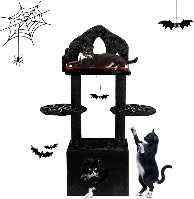 Gothic Cat Tree, 48in Black Cat Tree with Throne Bed, Cat Condo,Scratching Posts, Spooky Goth Cat Tree for Indoor Cats, Gothic Cat Tower