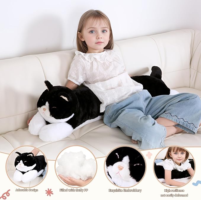 40'' Large Cat Sleeping Long Plush Pillow Toy, Milk Black White Kitty Soft Cat Stuffed Animals, Big Kitten Plushies Cute Doll Gift for Kids Girls Boys, Birthday