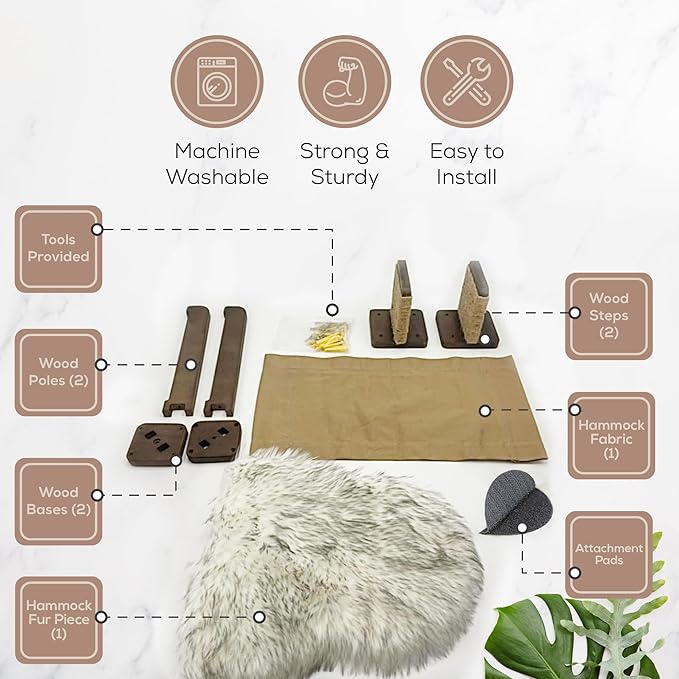 Cat Wall Hammock with Plush Cushion and Two Steps - Cat Wall Shelves Set and Perches for Playing, Climbing, and Sleeping - Wooden Cat Wall Bed - Cat Shelves for Wall Large Cats Set