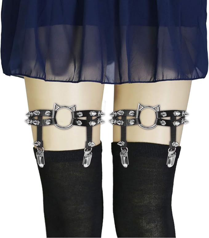 2pcs Cat Leg Garter with Clips, Elastic Adjustable Thigh Garters Belt for Women, Black/White