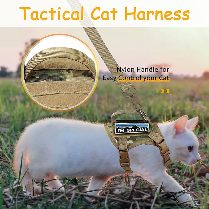 Tactical Cat Harness for Walking, Adjustable Escape Proof Pet Vest for Large Cat,Easy Control Breathable Cat Vest with Handle，Molle Patches (camo Khaki, L)