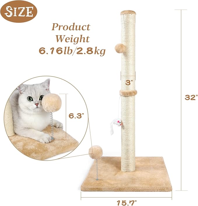 ANWA 32" Tall Cat Scratching Posts for Indoor Cats, 3-in-1 Cat Scratching Post with Plush Toys, Premium Sisal Post for Cats at All Ages with Reinforced Stable Base