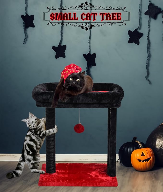SYANDLVY Samll Gothic Cat Tree with Scratching Board, Scratching Post with Perch for Indoor Cats, Cat Scratcher with 2 Dangling Balls, Great for Kittens