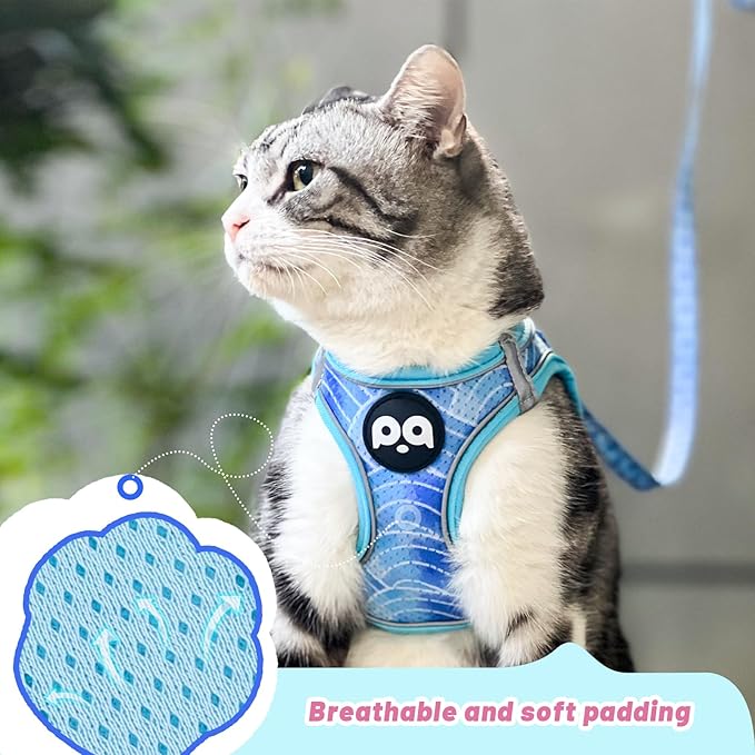 Cat Vest Harness Leash Set: Escape Proof & Reflective Kitten Soft Mesh Vest for Small Medium Large Puppy Pets Walking Hiking and Traveling(Large,Blue)