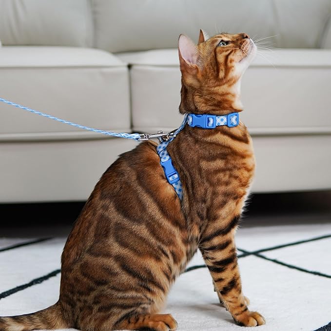 azuza Cat Harness and Leash Set for Safe Walking and Travel, Escape Proof Cat Harness, Lightweight Soft and Comfortable, Adjustable Kitten Harness for Small Medium Large Cats, Blue Plaid