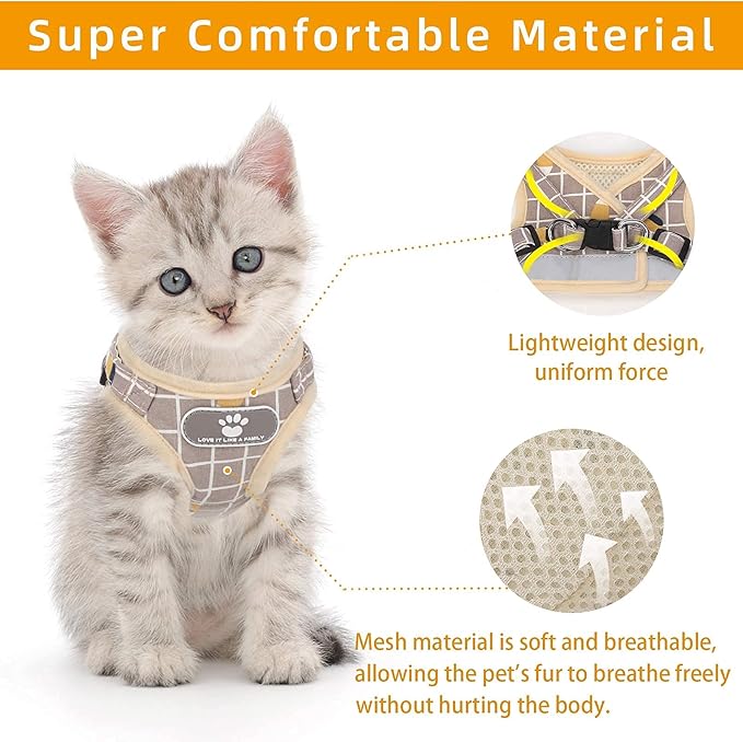 Cat Vest Harness and Small Dog Vest Harness for Walking, All Weather Mesh Harness, Cat Vest Harness with Reflective Strap, Step in Adjustable Harness for Small Cats (Khaki-Pattern, XS)