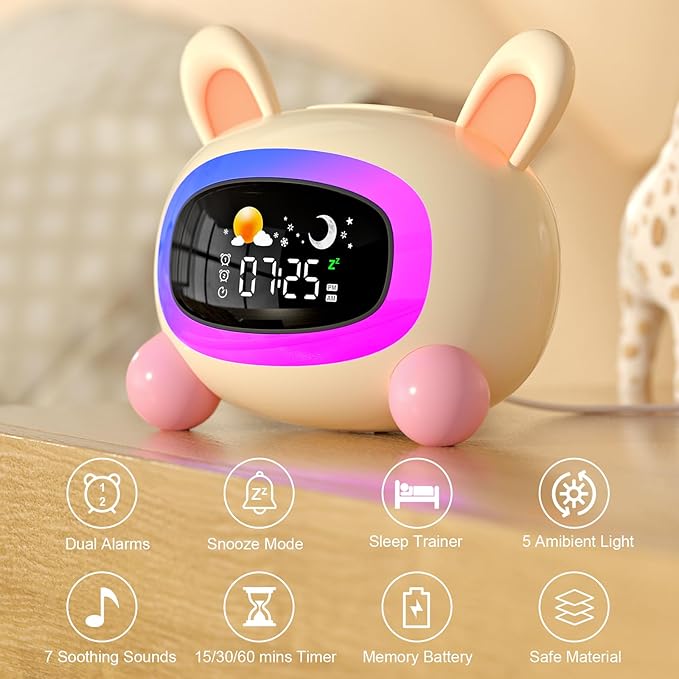 Alarm Clock for Kids,Ok to Wake Clock,Sleep Training Clock with Night Light & Sound Machine, Cute Kawaii Alarm Clock for Birthday Gift Boy Girls Toddlers Bedrooms