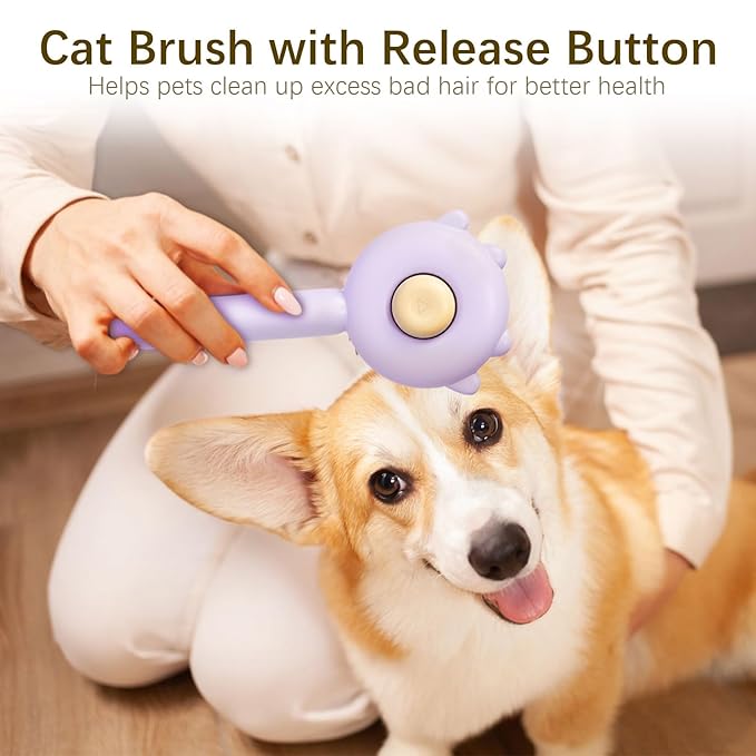 5 in 1 Cat Care Set, Hair Brush with Release Button, Deshedding Brush for Long and Short Haired Cats, Purple