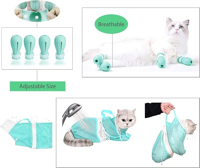 Anti-Scratch Silicone cat Shoes,Cat Claw Covers,Adjustable Multifunctional Anti-Bite Shower net Bag，Cat Grooming Mesh Bag, Pet Medical Shoes,Cat Bathing Bag (Grey)