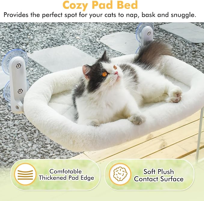 Cat Window Perch, Cordless Cat Hammock Window Seat with Cozy Pad Bed Cover for Indoor Cats, Durable Metal Frame Support Cat Bed with 4 Suction Cups for Large Cats (Cushion Pad Bed - White)