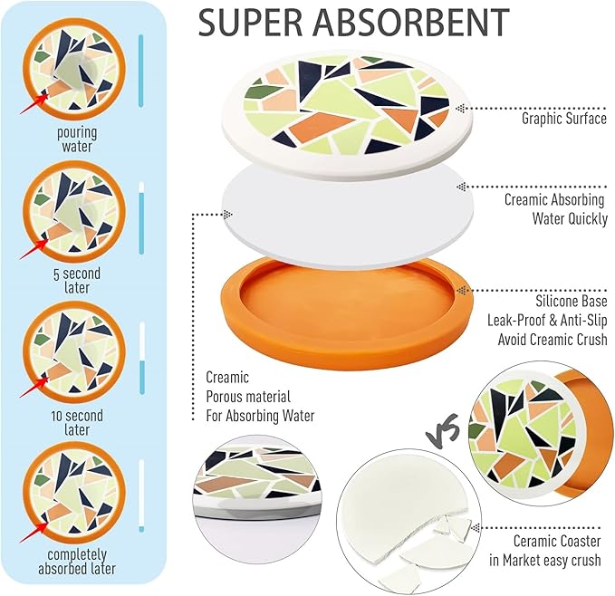 6-Pack Terazzo Silicone Coasters with Deep Tray Holder - Double-Sided Drink Coasters - Beverage Mats for Hot or Cold Drinks - Thick, Non-Slip, Non-Stick Silicone with Ceramic Insert