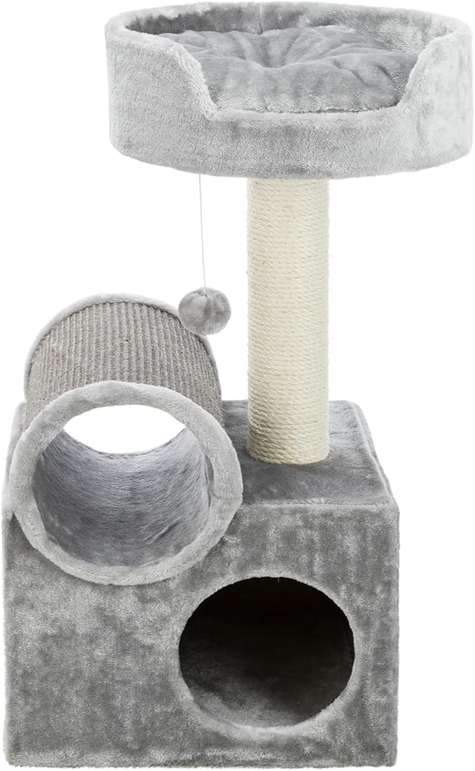 TRIXIE Tolar Cat Scratching Post 31.5 Inch - with Durable Sisal Rope and Tunnel, Condo, Platform with Removable Cushion & Dangling Cat Toy - in Gray
