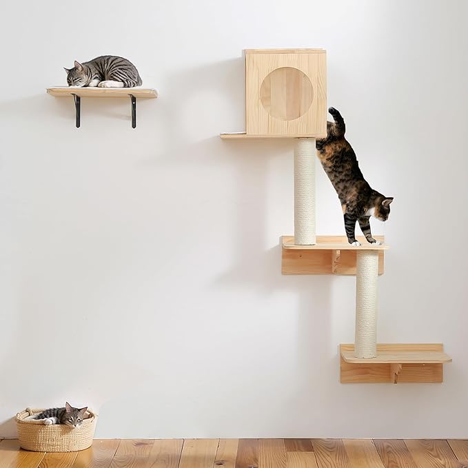 Houseables Wall Cat Tree, Wall Mounted Cat Tree, Cat Shelves, Cat Wall Furniture Set, Cat Wall Shelves, Cat Climbing Shelves, Wall Mount Cat Shelves, Cat Ledges for Walls, Wall Cat Furniture, w/House