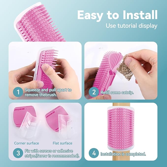 2Packs Cat Self Groomer, Cat Wall Corner Scratcher with Catnip, Soft Cat Brushes, Self Grooming Cats Brush Wall Corner Massager Combs for Long Short Fur Kitten Indoor Cats (Pink)