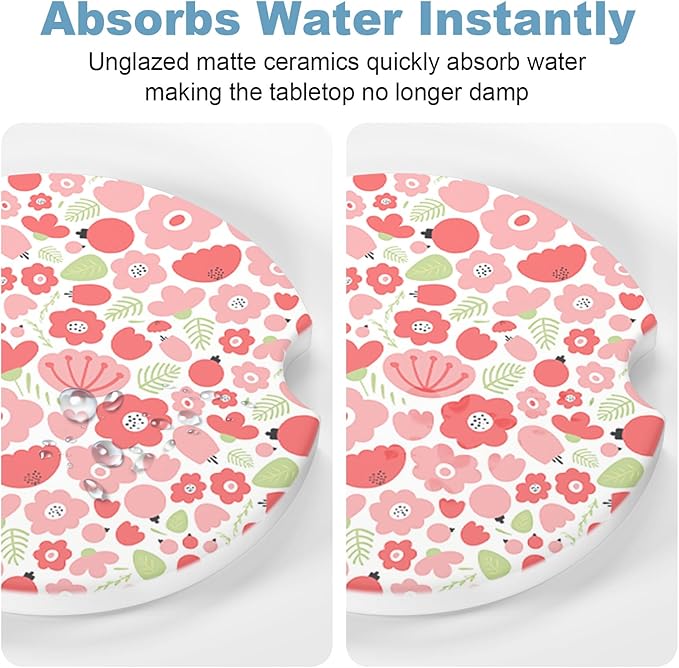 2 Pack Car Cup Holder Coaster, 2.63 inch Anti Slip Insert Absorbent Ceramic Coaster with Cork Base and Finger Notch, Cute Car Accessories Interior for Women