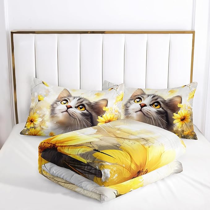 AILONEN Cat Comforter Set Twin Size for Kids,Yellow Flower Kitten Comforter Set,Boys Girls Cat Bedding Set,Soft Lightweight,1 Comforter with 2 Pillowcases,3 Pieces