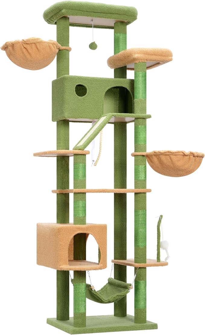 Cactus Cat Tree for Large Cats, 78.7"(200cm) Tall Cat Tower for Indoor Cats Multiple Cats with Large Top Perch, Cat Condo, Cat Hammcok, Cat Scratching Post,Green and Yellow GCT031GY