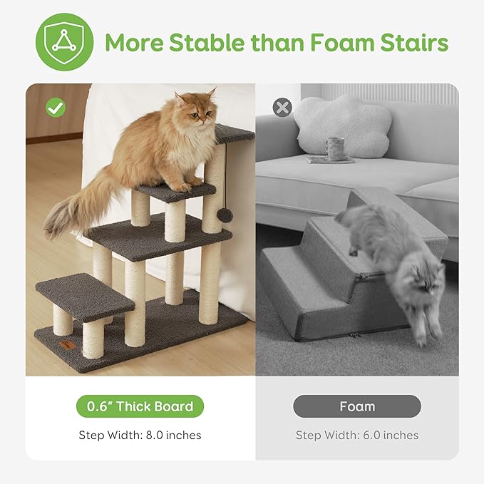Pawque Dog Stairs & Cat Scratching Post Pet Steps for High Bed Couch, High-Strength Boards Hold up to 150 lbs for Indoor Small Cats Kittens Dogs Climbing Playing, 4 Combination Options, 4 Steps-Grey