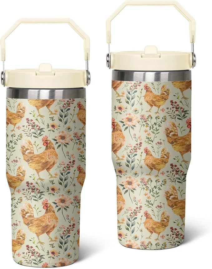 30 Oz Chicken Tumbler with Handle and Straw, Insulated Rooster Cup Gifts for Chicken Lovers Women, Double Wall Stainless Steel Chicken Mugs, Chicken Travel Mug Chicken Gifts for Women