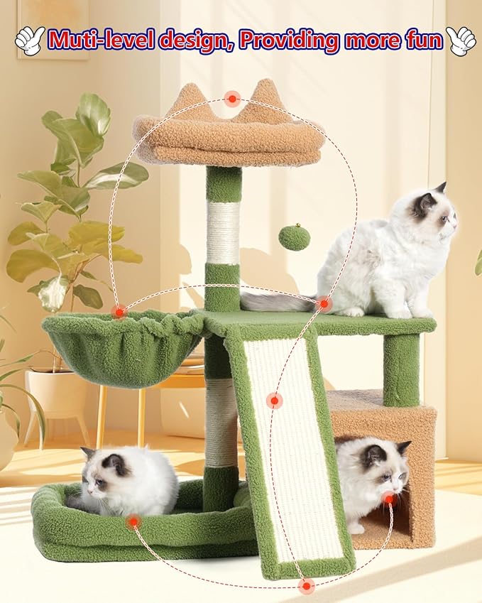 Cat Tree, Cat Tower with condo, Basket, Large Bed, Platform, Scratch Board, Cat Scratching Posts for Indoor Cats, Green and Yellow GCT002SGY