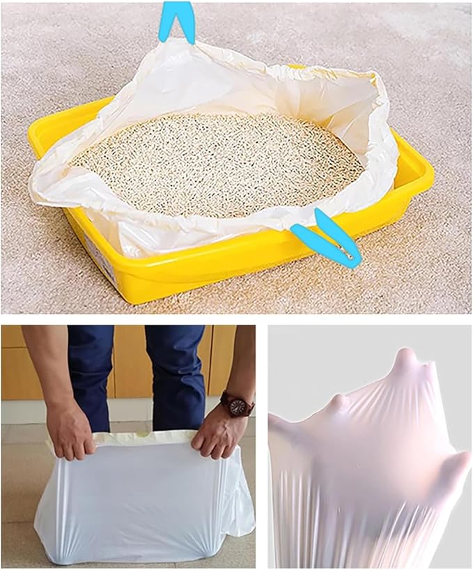 100 Count Cat Drawstring Litter Box Liners 26.6x16.7 inches 2Mils Super Thick White Cat Litter Waste Bags Poop Bags for the litter robot 4, 3 Cat Litter Pan Trays (Blue Drawstring 100 count)